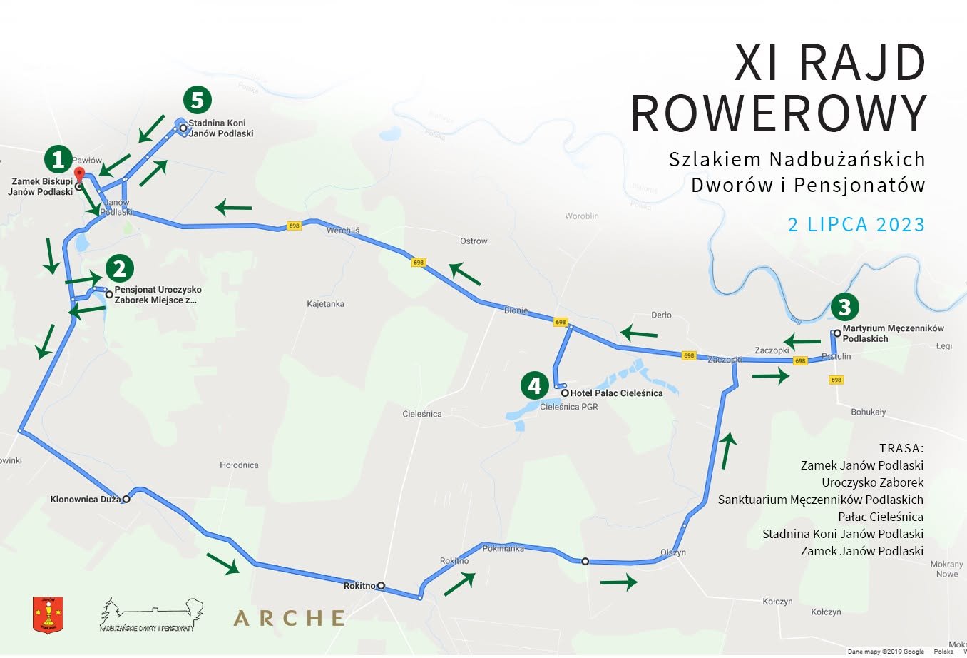 Mapa trasy XI Rajd Rowerowy przygotowana przez organizatora rajdu